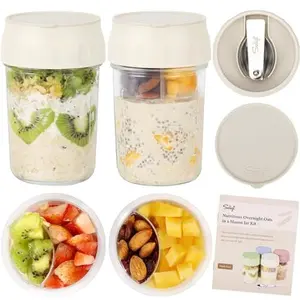 2 Pack Overnight Oats Containers with Lids, Folding Spoons and Divided Compartments for Fruit & Nuts, Small Glass 16oz Mason Jars for Oatmeal Yogurt Parfait (2 Set-Oat White/Oat White)