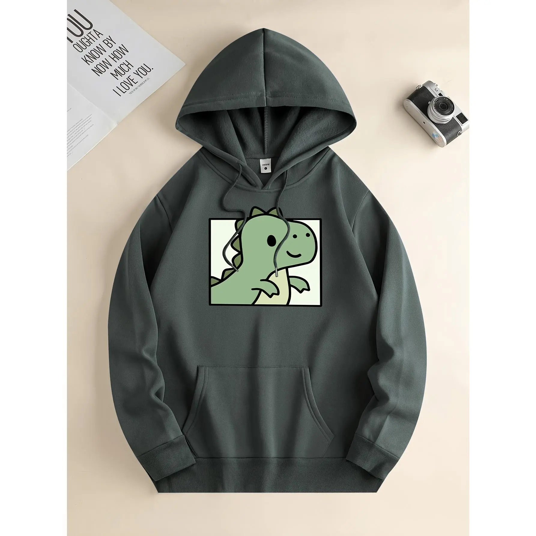 Men's Dinosaur Knit Pullover Hoodie, Regular Fit Long Sleeve Casual Stretch Polyester Spandex Tops with Drawstring Kangaroo Pocket, Winter Machine Wash Menswear Sweatshirts