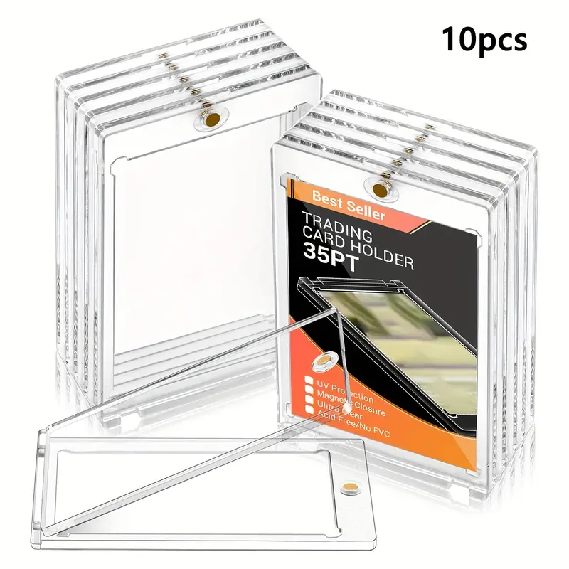10-Pack Premium 35 pt UV-Resistant Acrylic Magnetic Card Holders, Clear Toploaders for Cards, Durable Transparent Display Cases for Baseball and Trading Cards, Trading Card Storage, Top Magnet Closure for Collectors and Gamers
