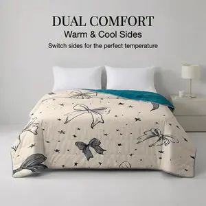 1pc Bow Print Dual-Temperature Summer Quilt, Cool & Warm Dual-Use to Stop Night Sweats, Ice Silk Cool Side Blanket, Lightweight & Breathable, Machine Washable, No Filling Shifting