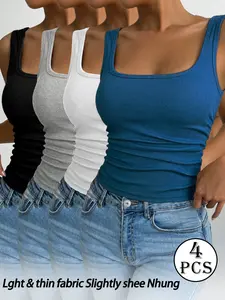 Women's High Stretch Ribbed Tank Top Set, Square Neck Design Slimming Basic, Casual Versatile Everyday Wear, 4 Piece Pack