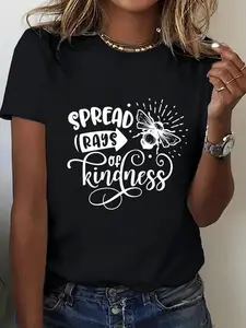 Spread Rays Of Kindness Bee Letter Women's T-shirt-100% Cotton, Short Sleeve, round Neck, Positive Bee Slogan-Suitable for Casual & Theme Parties, Oversized Plus Size Tropical Breathable Womenswear Soft Top Asian Basic Coconut