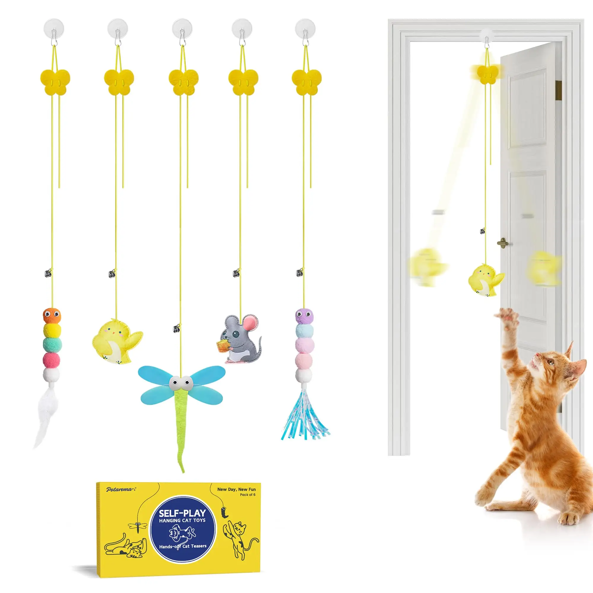 Potaroma Interactive Cat Toys 5 Pcs, Cat Teaser Retractable, Hanging Cat Feather Toys for Bored Indoor Adult Cats, Mental Physical Stimulation for All