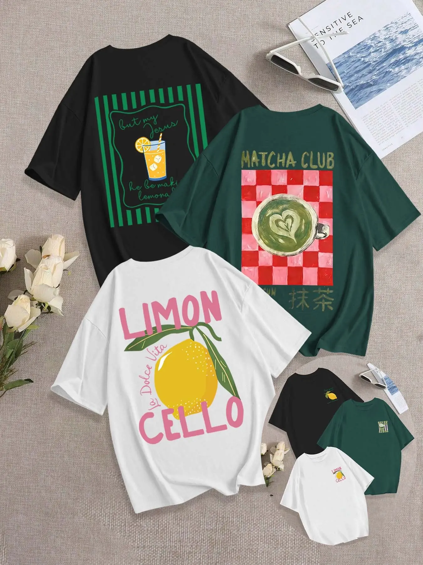 Breathable Casual Streetwear T-Shirt, Aesthetic Fruit Tee, Casual Summer Tee, Loose Fit Round Neck Design, Lemon Matcha Tropical Graphic Print, Daily Wear Fashion Comfort Top, Three Pack