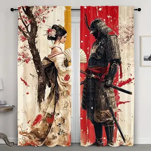 2-Piece set, Japanese samurai kimono cherry blossom curtains - stylish retro style, translucent polyester fabric, rod pockets, machine washable, suitable for kitchen, bedroom, living room home decoration, modern home decoration.