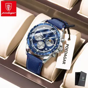 POEDAGAR Men's Quartz Leather Watch Waterproof Stainless Steel Strap Business Style