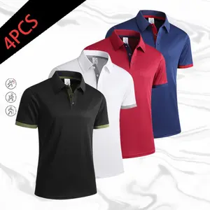 Pack of 4 minimalist business-style men’s polo shirts featuring contrast color at the collar and cuffs; breathable, skin-friendly, and wrinkle-resistant—ideal for office workers’ daily commutes, workouts, and summer wear.
