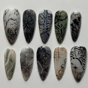 Handmade Gothic Nature Press On Nails | Skeleton, Butterflies & Forest Silhouettes In Greyscale | Almond Nails For Moody Art Vibe