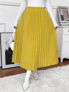 Elegant Solid Color Long Pleated Woven Skirt, Women's Fashion A-Line Midi Dress, Casual High Waist Ruffle Hem, Spring & Fall Wear