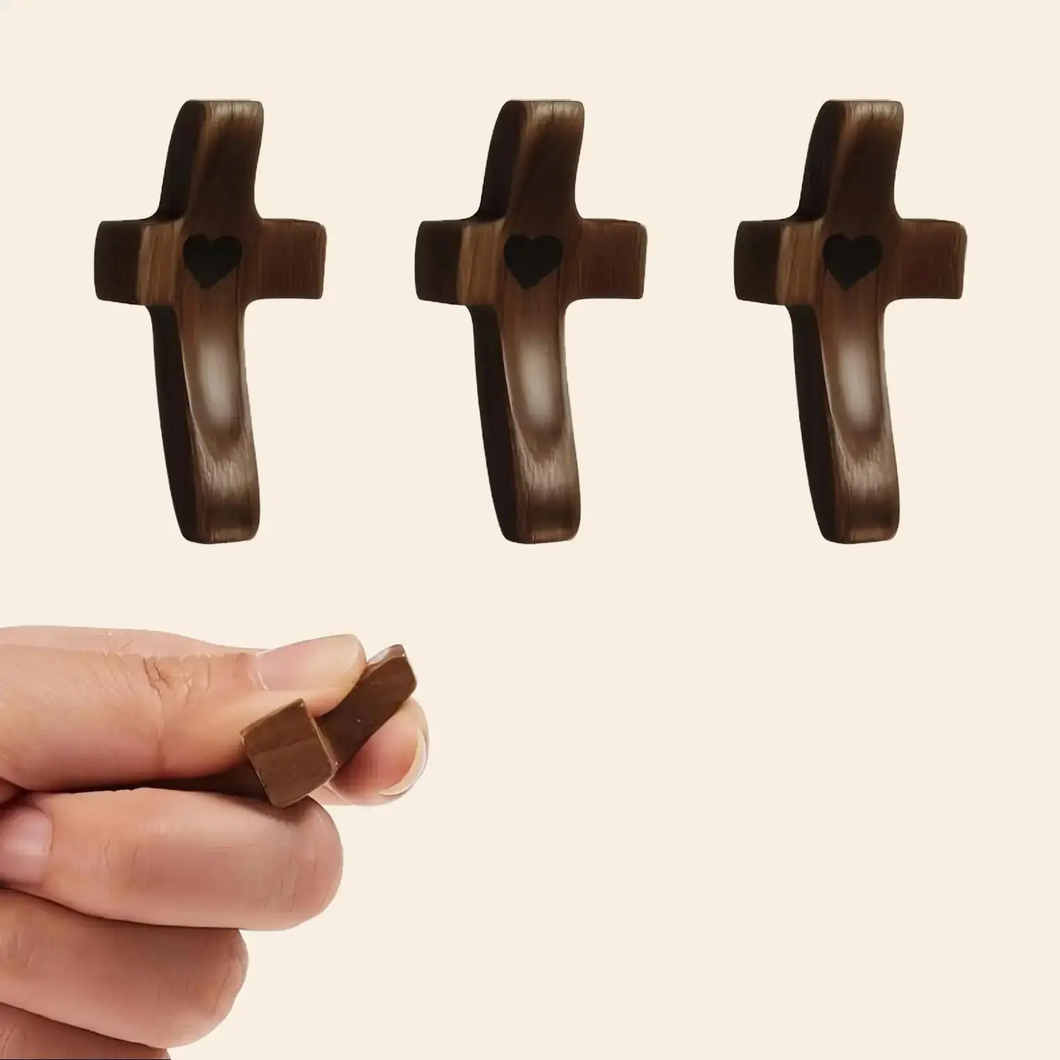 3 Pcs Wooden Cross My Heart - Religious Ornaments Gift for Children & Adults, Rustic Style Decor Pocket Olive Wood Cross Set for Anxiety Relief and Cl
