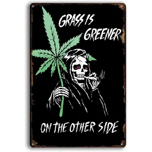 Impressed Reefer Reaper Marijuana Vintage Tin Sign - Gothic Emo 90s Retro Trippy Skeleton Grunge Weed Man Cave Hippie Stoner Accessories for Men - Funny Print College Dorm Wall Hanging Skull Decor for Teens - 420 & Apartment Bedroom Poster fashion 2025