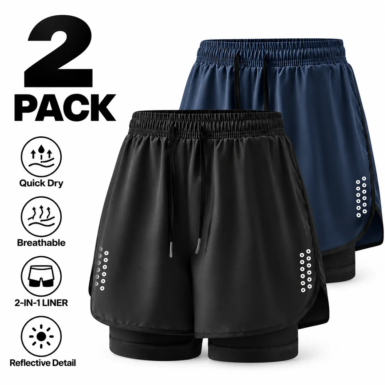 Men’s 2-Pack 2-in-1 Quick-Dry Casual Athletic Shorts - Polyester, Breathable Lightweight Gym Shorts with Compression Liner, Drawstring Elastic Waist, Reflective Dots, Moisture Wicking for Summer Fitness, Jogging
