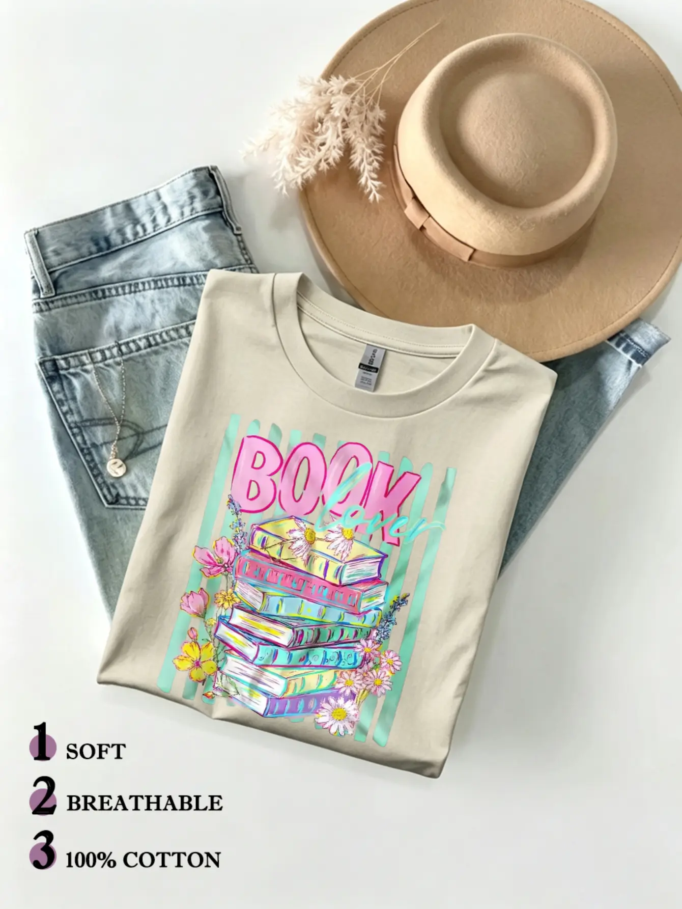 Gildan Women's 100% Cotton Crew Neck T-shirt with Book Lover Floral Print, Casual Shortsleeve Graphic Top, Tshirt, Casual Basic