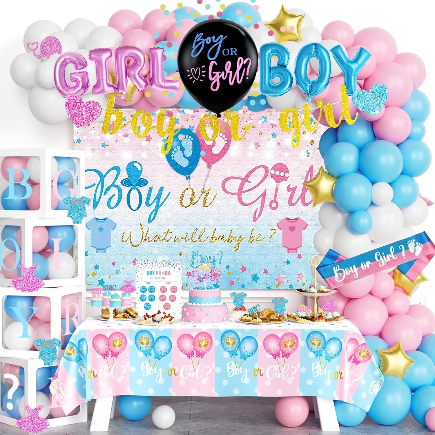 170 count  Boxes Gender Reveal Decorations,  Boy or Girl Gender Reveal Decorations What Will  Be Backdrop Balloon Garland Banner Tablecloth Cake Cupcake Topper Cutout Poster Sash Pink Blue