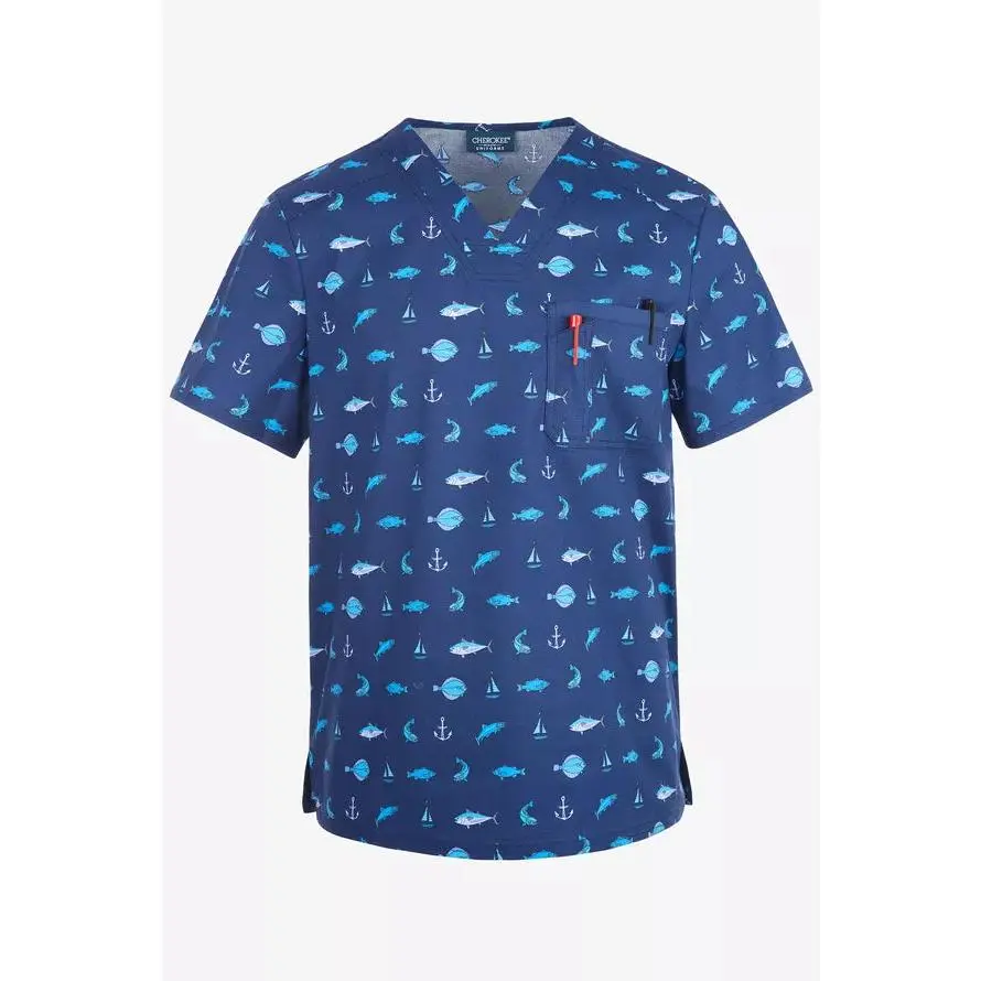 Men's V-Neck Scrub Top, 'Gone Fishin' Print Medical Uniform in Stretch Cotton Fabric, Relaxed Fit Menswear Workwear with Chest Pocket