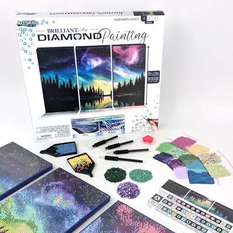 ArtSkills Northern Lights Diamond Painting Kit on Stretched Canvas 21" x 14" - Complete Professional Diamond Art Set with Accessories