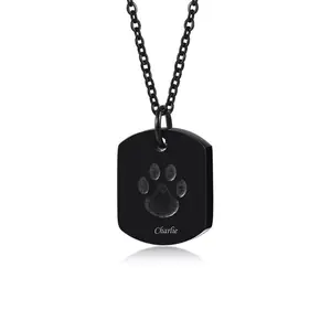 Pet Memorial Urn Necklace – Engraved Black Stainless Steel Dog Paw Pendant for Ashes