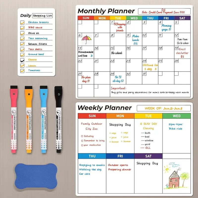 Magnetic Dry Erase Calendar for Refrigerator, 3 Pack Monthly, Weekly, Daily Magnet Fridge Whiteboard Calendar Planner for Shopping, Menu, to Do List, 4 Markers and Eraser, 14 x 11 Inches