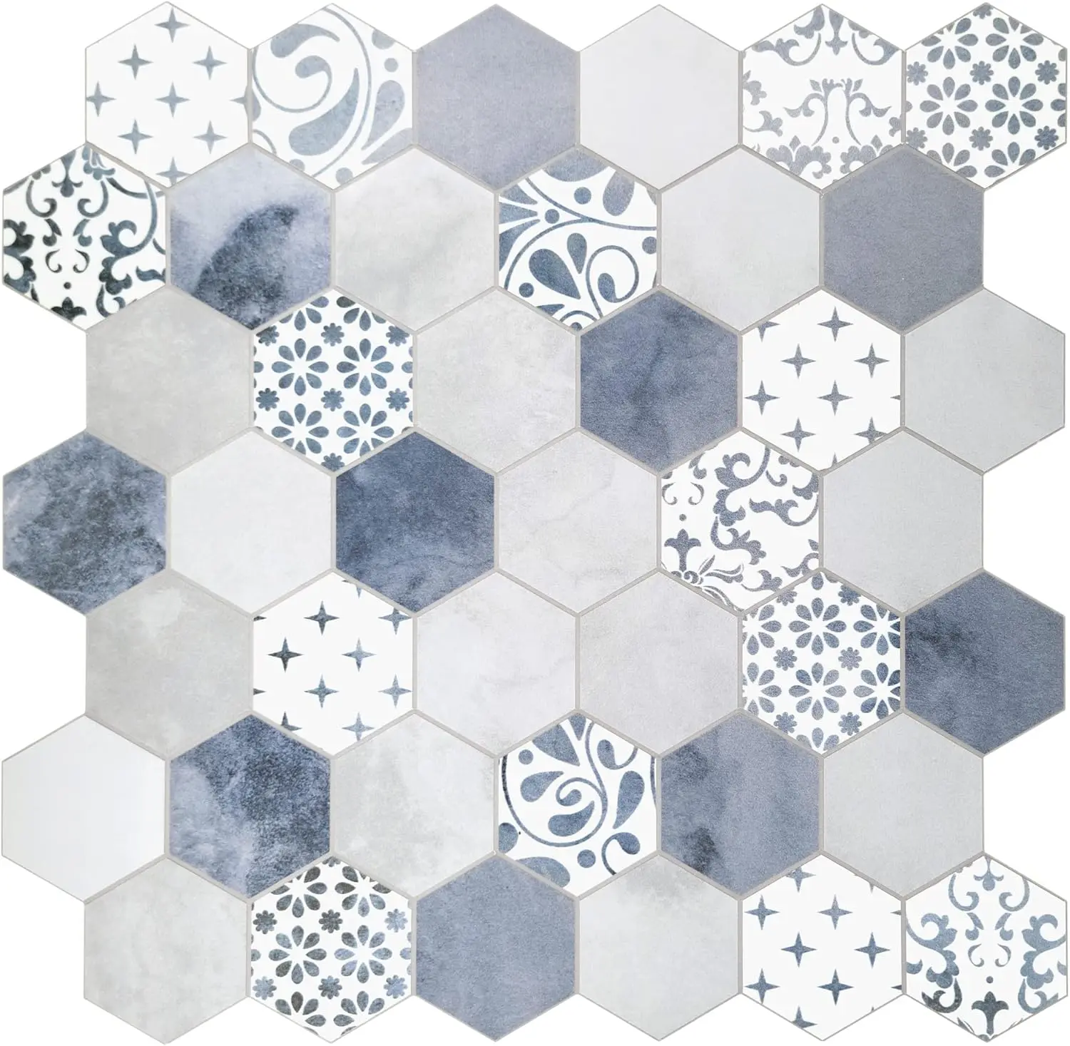 10-Sheet Peel and Stick Backsplash, Blue Cement Hexagon Stone Composite Marble Looks Self Adhesive Wall Tile, Stick On  for Kitchen Bathroom Shower, Cover 9 Sq Ft.