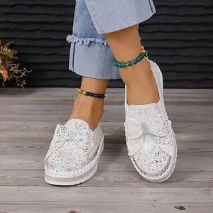 Women's Solid Color Glitter Loafers, Platform On Soft Sole Bowknot Shoes, Elegant Dressy Shoes autumn plus size