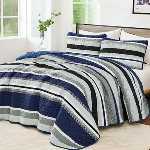 Quilts  Size, Navy Blue Quilt Bedspread  Set, Summer  Coverlet Sets with Shams, 3 count Lightweight Striped Quilt for Bed(96"x 90")