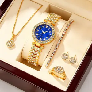 Blue Dial Crystal Watch & Jewelry Set | Full Bling 5-Piece Gold-Tone Stack