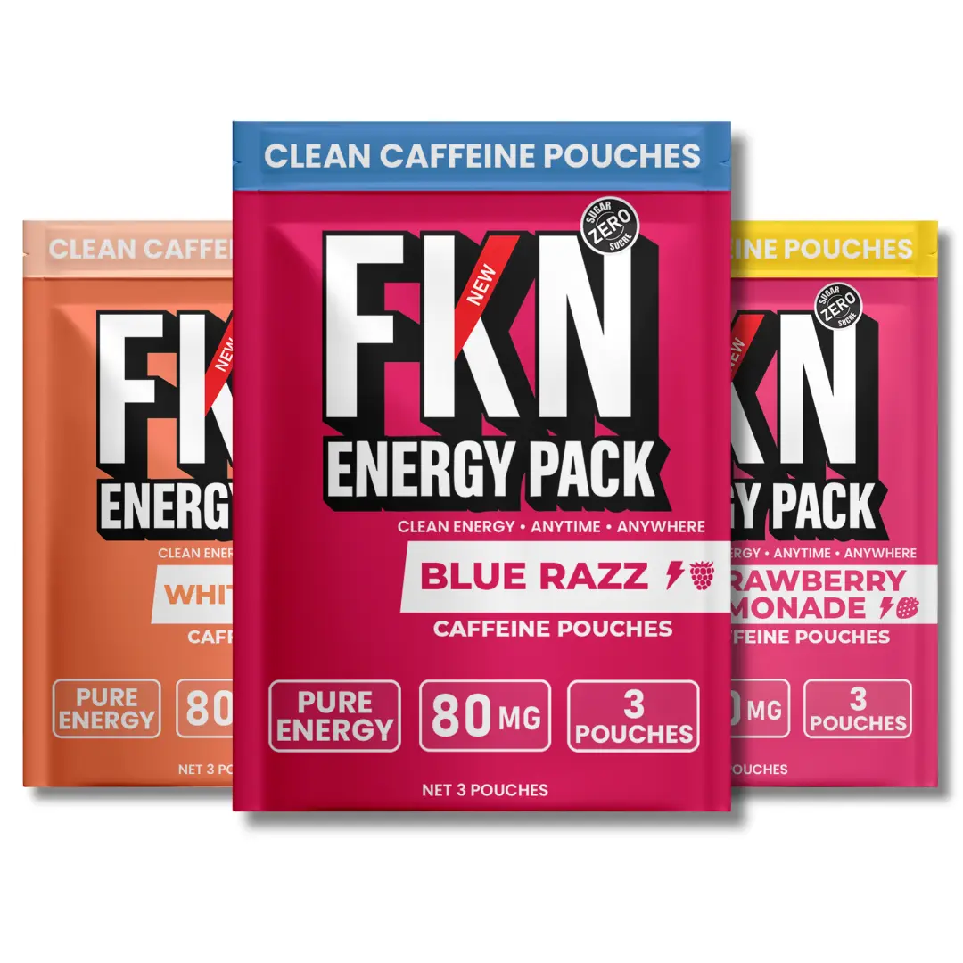 FKN Caffeine Energy Pouches (3-Pack) ️80MG Per Pouch | Sugar-Free Boost | Blue Raspberry, White Peach & Strawberry Lemonade