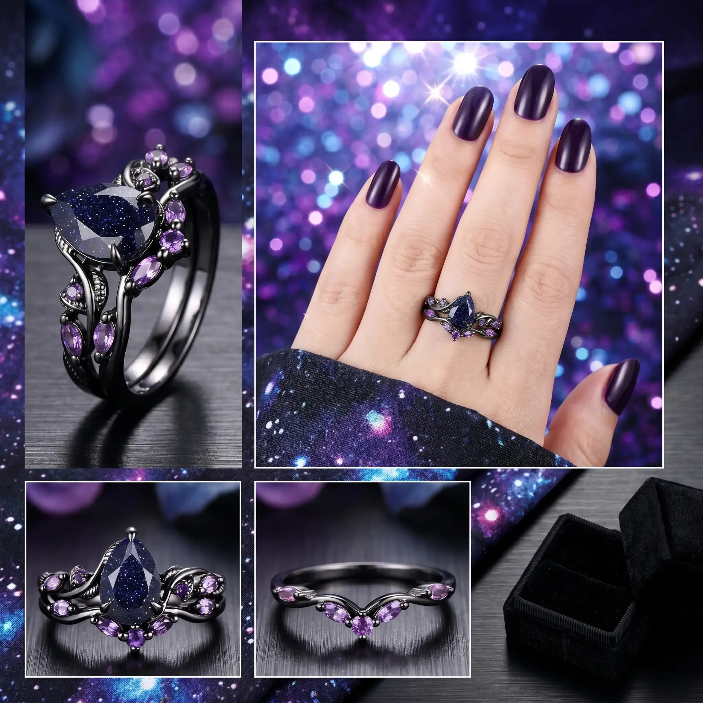 Gunmetal-plated starry sky water drop gemstone pair rings, inlaid with purple diamond colored gemstones, women's ring set