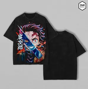 Retro Limited Vintage Kamado Tanjiro Demon Slayer Unisex Oversize Anime Manga Tshirt Short Sleeve Crew Neck Summer Streetwear Gift For Anime Fan