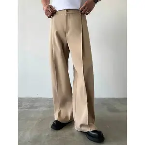 Men’s casual solid-color wide-leg pants for back to school, all-season performance fabric, plain beige musical trousers with zipper
