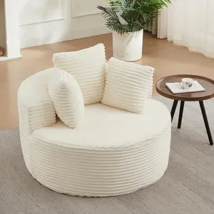 43-inch Oversized Round Chair Lounge Chaise Indoor, Upholstered Corduroy Deep Seat Cloud Large Circle Sofa Chair, No Assembly Required, Fluffy Modern Sleeper Sofa Bed for Reading, Beige