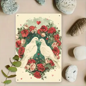 2D 1pc Rose White Dove Circle of Love Iron Plaque Sign, 8x12 inches, Home Decor Sign for Wedding Decoration, Valentine'S Day & Anniversary Romantic Background Decoration