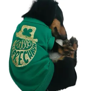 Little Leprechaun Pet Shirt in Golden Glitter for St. Patrick's Day - Green with Gold Leprechaun Design, Breathable Material