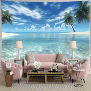 Large Tropical Beach Landscape Wall Hanging - 2D Flat Vibrant Palm Trees & Crystal-Clear Water Fantasy Scene, Heavy-Duty Polyester Fabric, Horizontal Wall Art for Bedroom & Living Room Decor, No Electricity Needed with Installation Accessories,