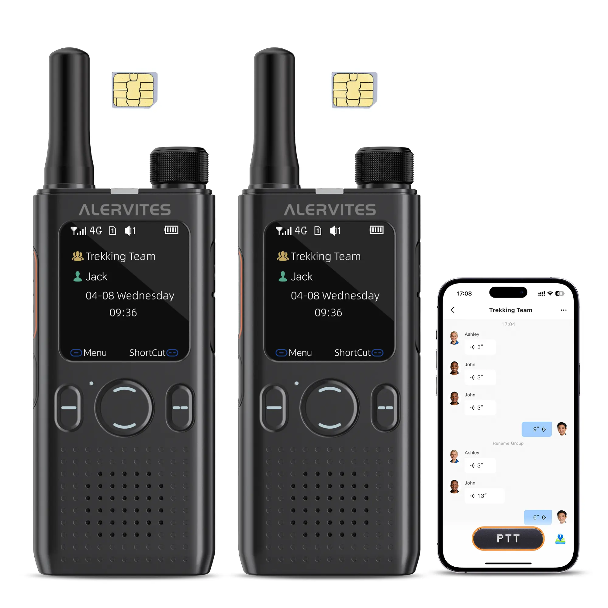 Alervites PoC-AT1 Lifetime Free PoC Radio, Cross-borde Walkie Talkie with SIM Card, Unlimited Range, App Control, Self-Grouping, Group Call/Private Call, Handheld Network Radio for Management, 2pcs