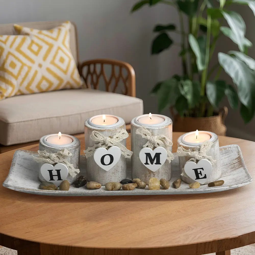 Retro wooden “HOME” candle lamp, tea wax candle set, linen bow decoration and decorative stones—perfect for home decor and gifting; country-style decor, Halloween decorations; modern minimalist candle lamp set.