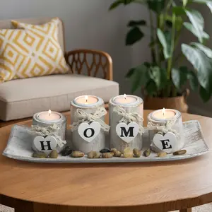 Retro wooden “HOME” candle lamp, tea wax candle set, linen bow decoration and decorative stones—perfect for home decor and gifting; country-style decor, Halloween decorations; modern minimalist candle lamp set.