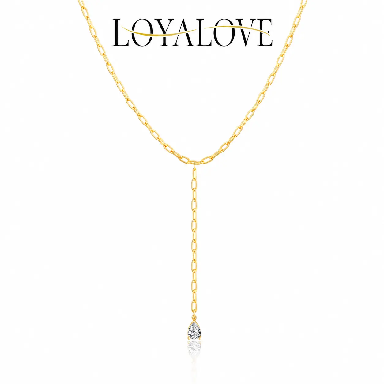 LOYALOVE 14K Gold Plated Y Lariat Necklace for Women, Dainty Teardrop Cubic Zirconia Pendant Necklace, Adjustable Paperclip Chain, Minimalist Trendy Jewelry for Summer Outfits Gifts