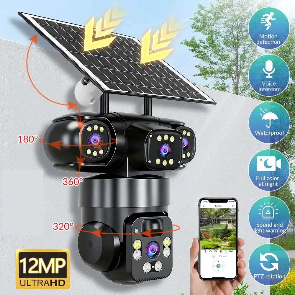 【Summerfinds】Triple-Lens Solar 4G PTZ Outdoor Security Camera, 3-Screen Simultaneous Monitoring, Built-in 8000mAh Battery, All-Weather Weatherproof Design