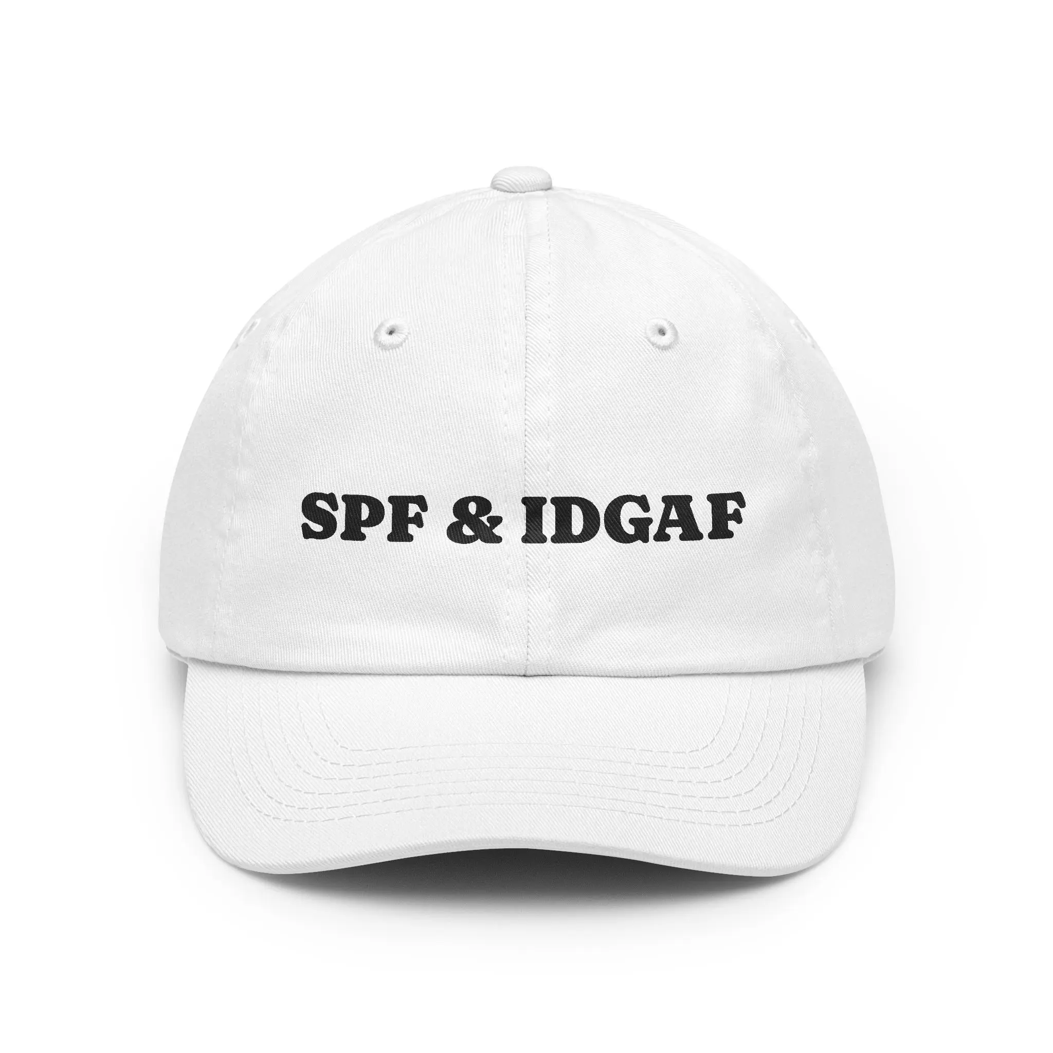 Embroidered Cotton Dad Hat, Unisex SPF & IDGAF Low-Profile Baseball Cap for Everyday & Beach Wear, Adjustable, Spot Clean, Fitted, Buckle, Casual, Adjustable Buckle, Bio-Washed Cotton