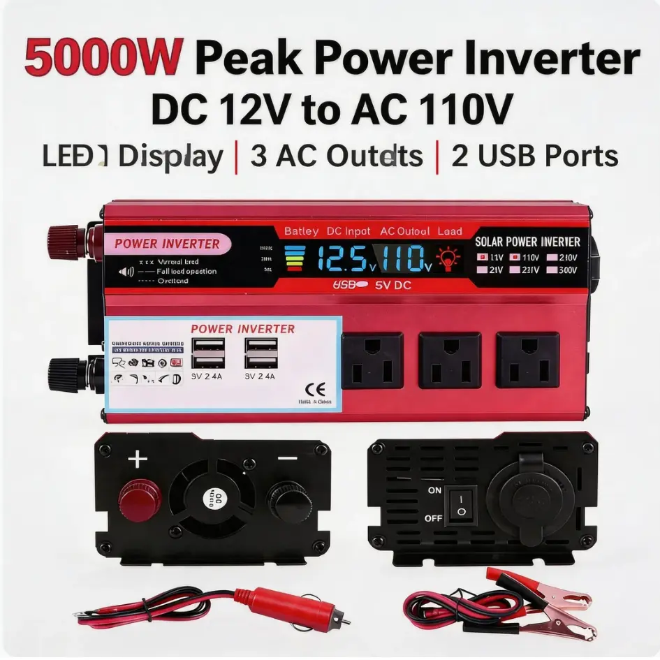 DC 12V to 110V Vehicle Power Converter 5000W Peak Car Power Inverter with Multiple AC Sockets & Fast USB Ports Portable Automotive Power Adapter for RVs Trucks Travel Emergency Backup Power Source