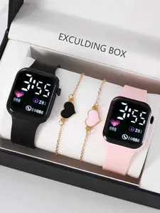 4pcs Women'S Watch Fashion Cute LED Digital Electronic Watch with Bracelet Suitable for Daily Life Travel Vacation Homecoming Party Couple Graduation Season Gift for Women Quartz Digital Watch