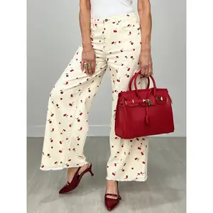 Cherry Printed Washed Stretch Twill Pants in Cream