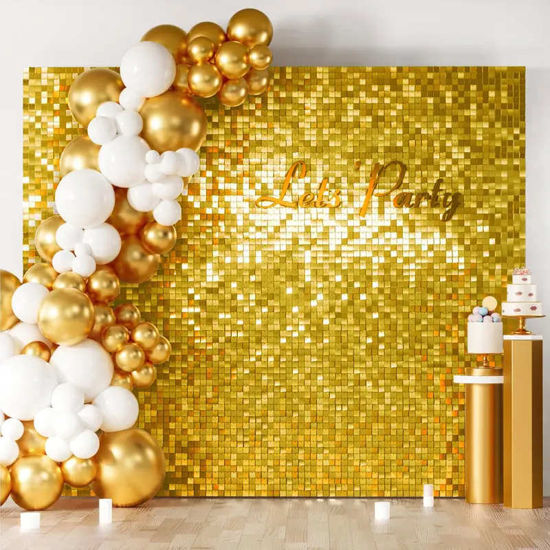 Square Glitter Gold Grid Shimmer Wall Backdrop Panels - Lightweight 24/30/36/49pcs Sets with DIY LED Sequined Banners, Wall Hooks, Easy Install, Reusable Party Decoration Supplies for Wedding, Birthday, Festive Backdrops & Banners