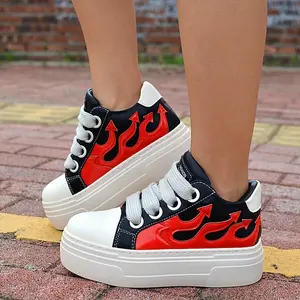 Black Red Fire Women Sneakers, New Flat Platform Combat Casual Sports Shoes, Round Toe Rock Tennis Flats For Girls, Flame Emboridery Unisex Sneakers
