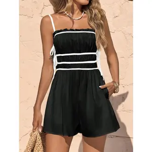 Imily Bela Women's Summer Spaghetti Strap Romper - Sleeveless, Ruffle, Color Block Short Jumpsuit with Smocked Design for Vacation, Beach Outfits