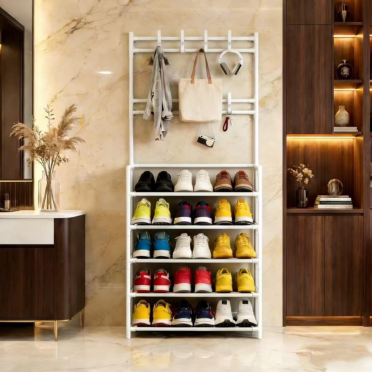 5-Tier Coat Rack Shoe Rack with 8 Hooks & Storage Shelves Black Metal Stable Design for Entryway Bedroom Closet Living Room Office Freestanding Iron Durability