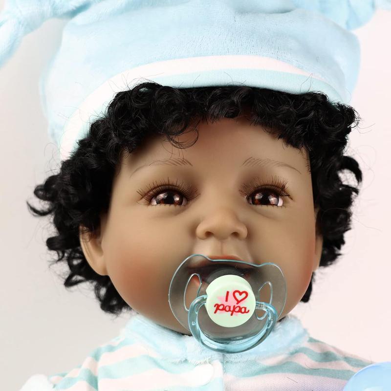22" African American Baby Doll, Realistic Black Reborn Baby Dolls Silicone Vinyl Babydoll, Lifelike Soft Cloth Body Boy Doll, Birthday Set for Aged 3+