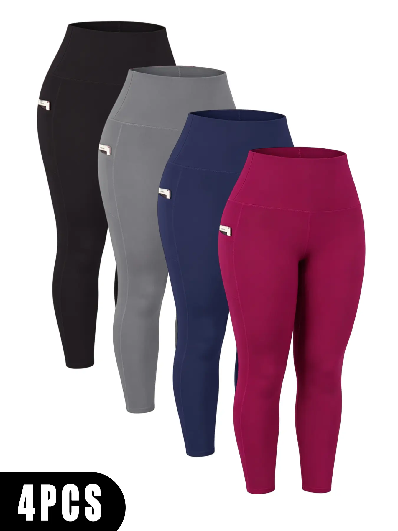 4-pack plus-size women’s yoga leggings, athletic leggings, casual style, comfortable and breathable, high stretch, elastic waistband, side pockets