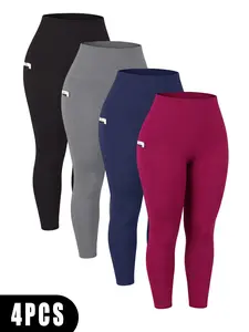 4-pack plus-size women’s yoga leggings, athletic leggings, casual style, comfortable and breathable, high stretch, elastic waistband, side pockets